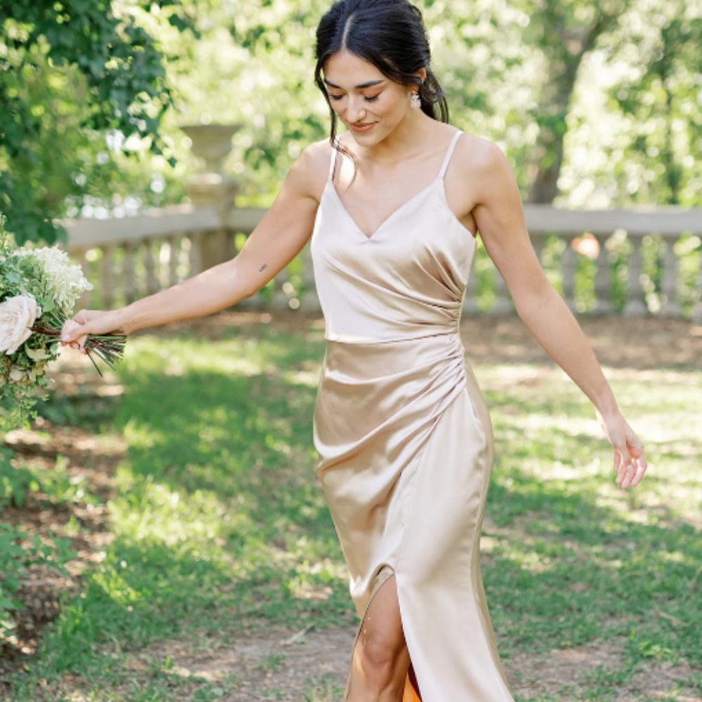 Revelry Rory Satin Dress in Gold Champagne